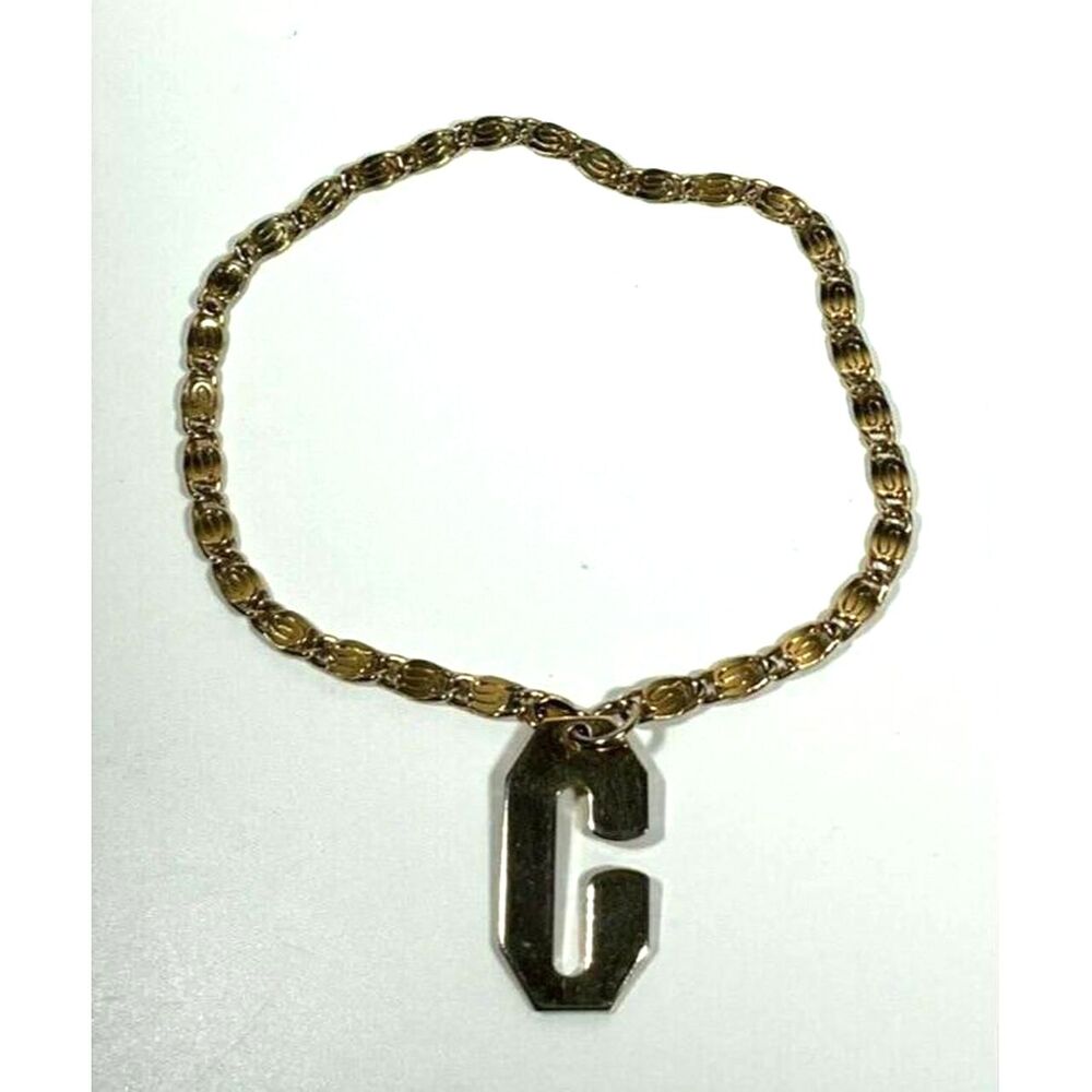 Vintage Figaro Chain Bracelet Gold Tone w/ Large "C" Charm 9" Classic Beauty